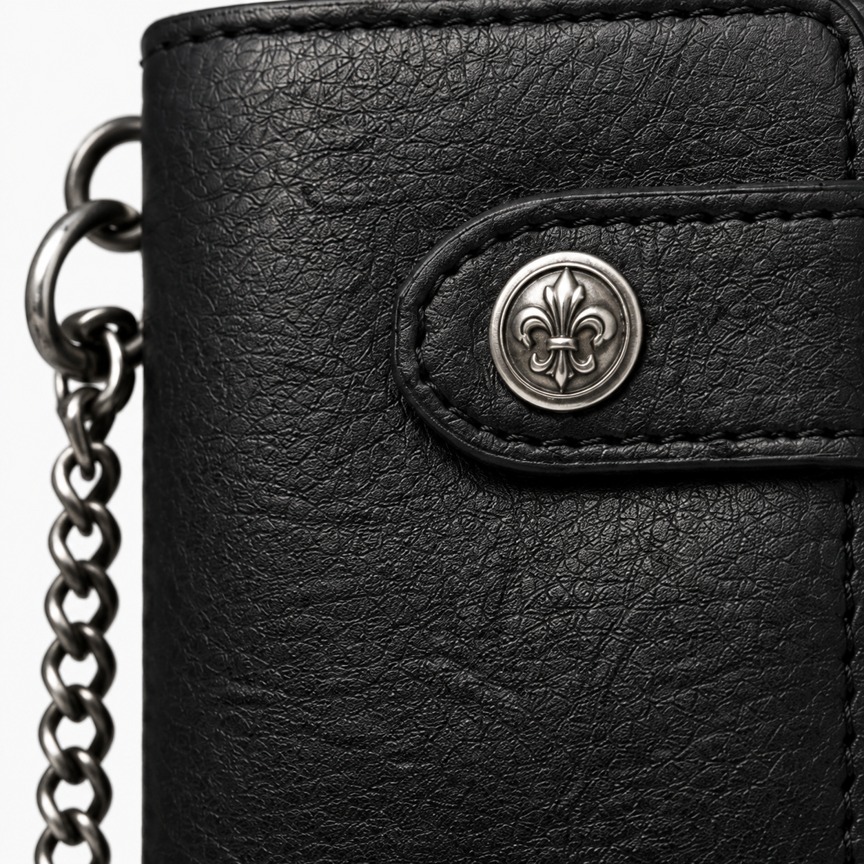 Detailed view of leather texture and stitching.