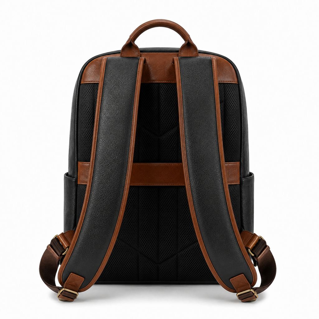Close-up of the zipper closure on the leather backpack.