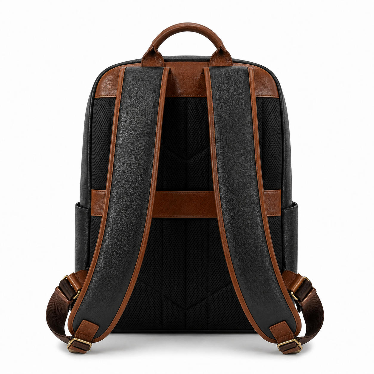 Close-up of the zipper closure on the leather backpack.