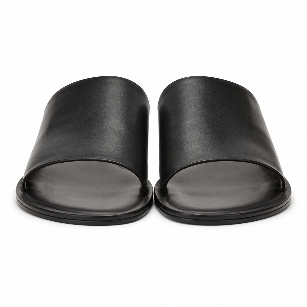 Front view of Modish-Vogue black leather slide sandals.