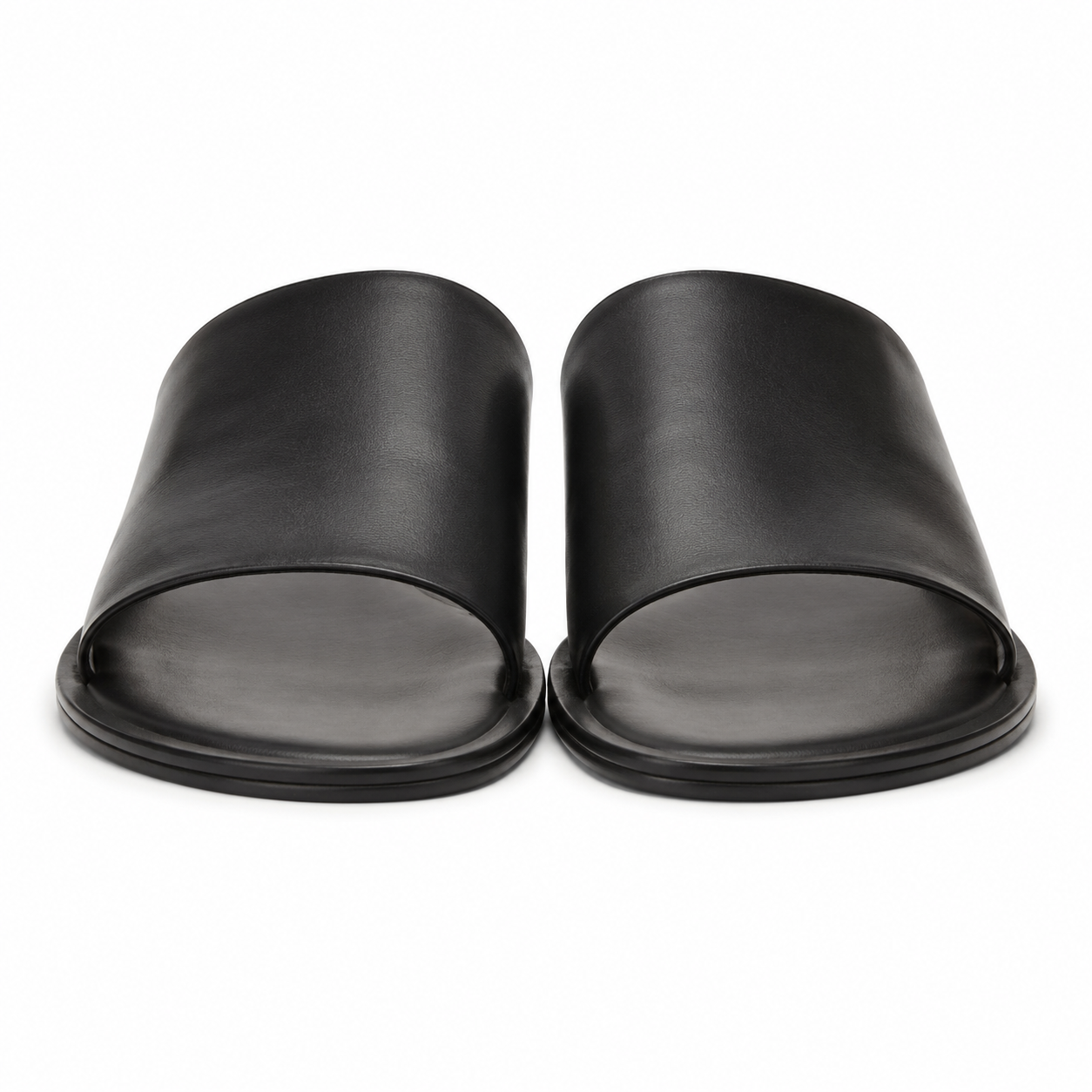 Front view of Modish-Vogue black leather slide sandals.