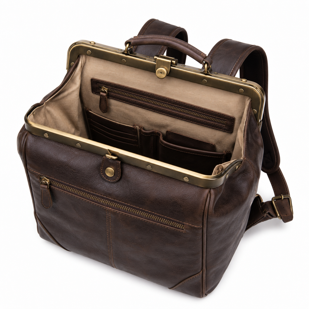 Back view highlighting the backpack's leather finish.