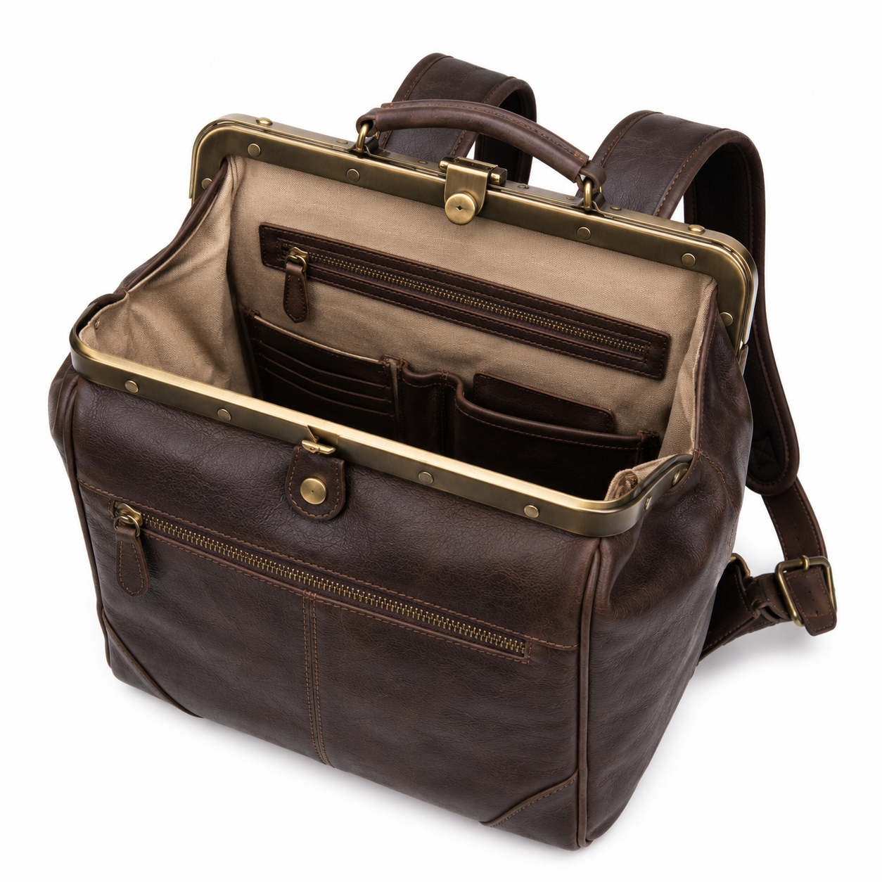 Back view highlighting the backpack's leather finish.