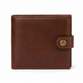 Front view of brown leather wallet with snap closure.