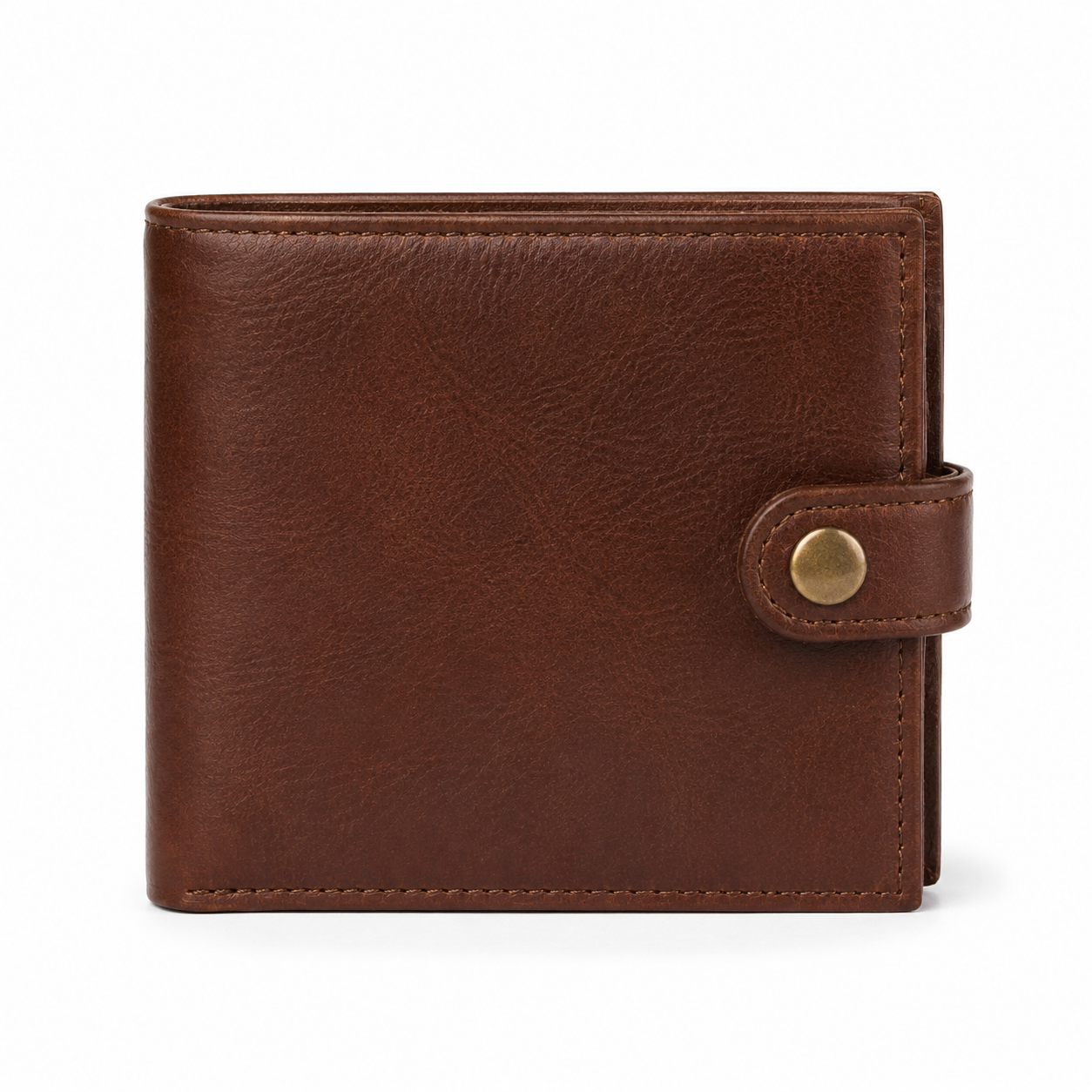 Front view of brown leather wallet with snap closure.