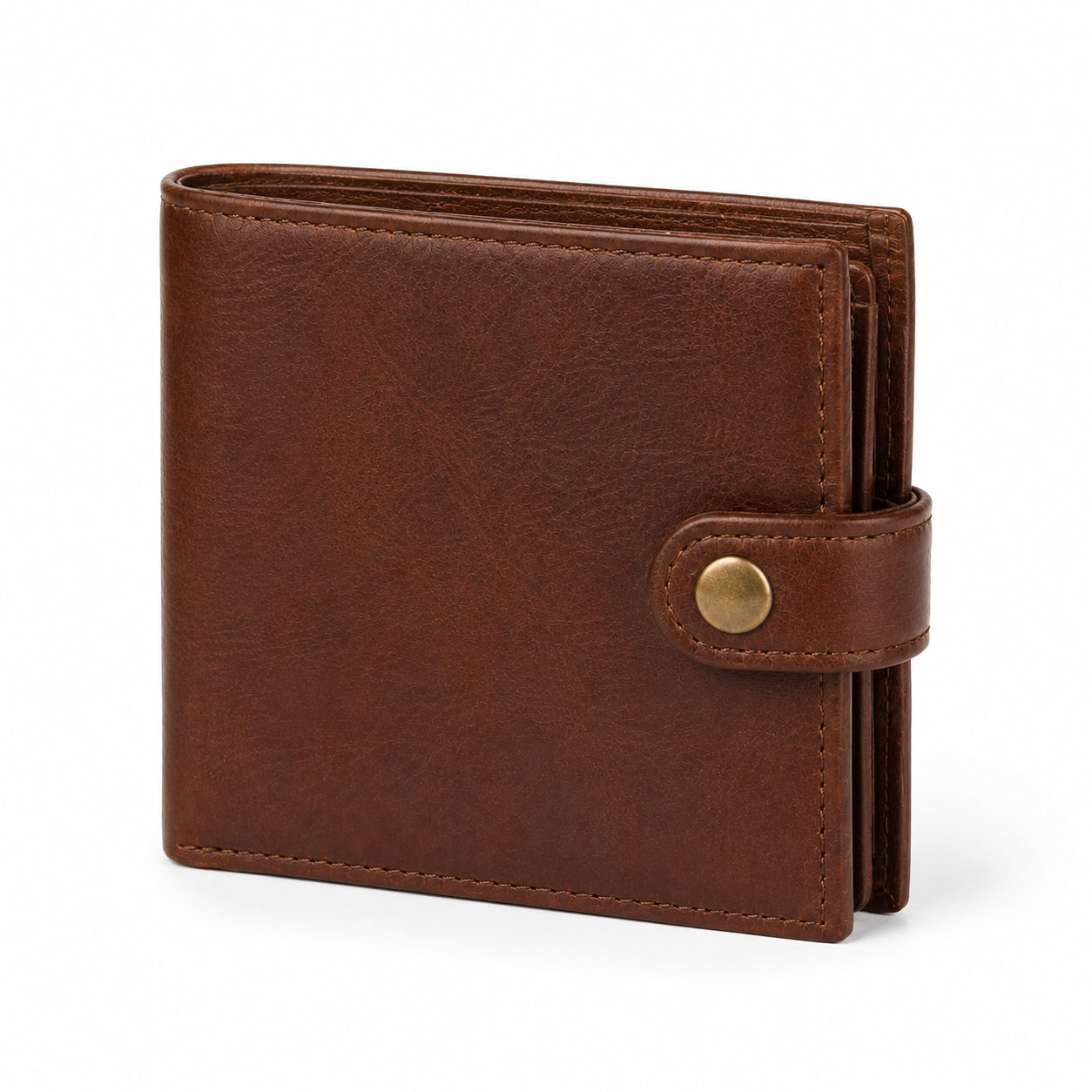 Open brown leather wallet showing card slots.