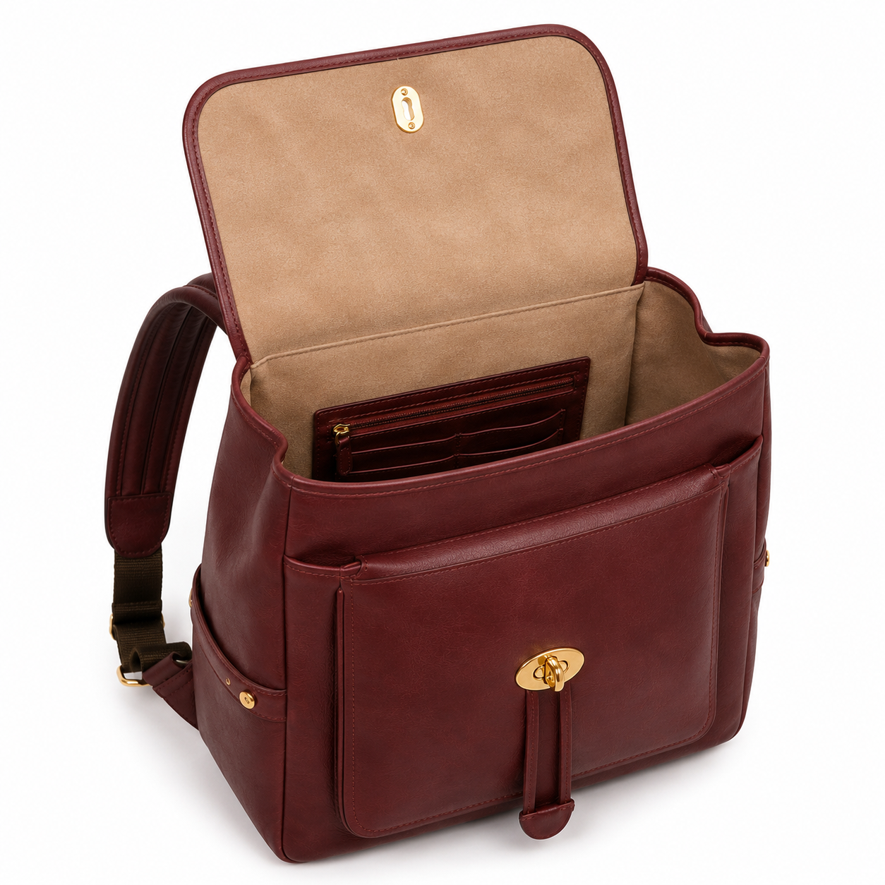 Back view of the backpack highlighting leather texture.