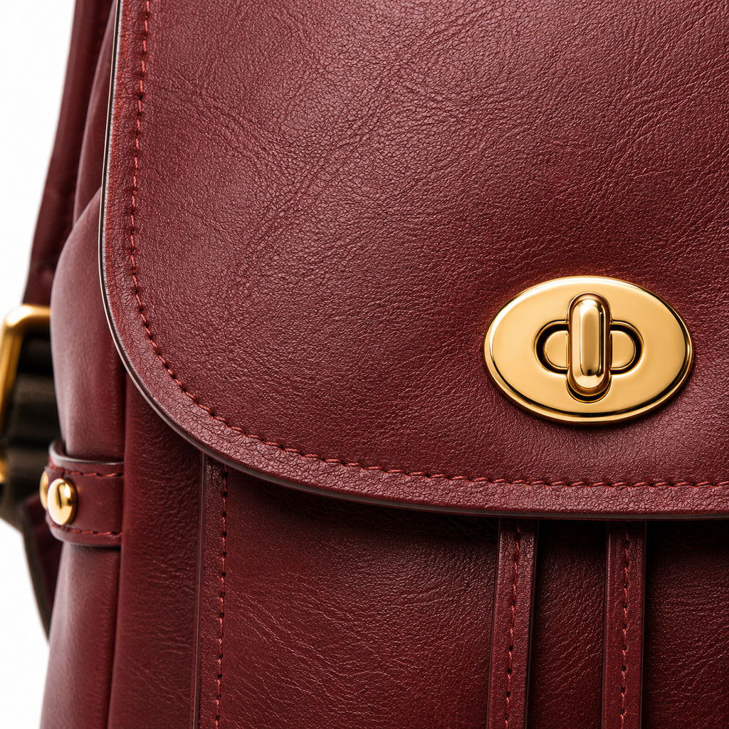 Detailed view of the backpack's gold hardware and stitching.