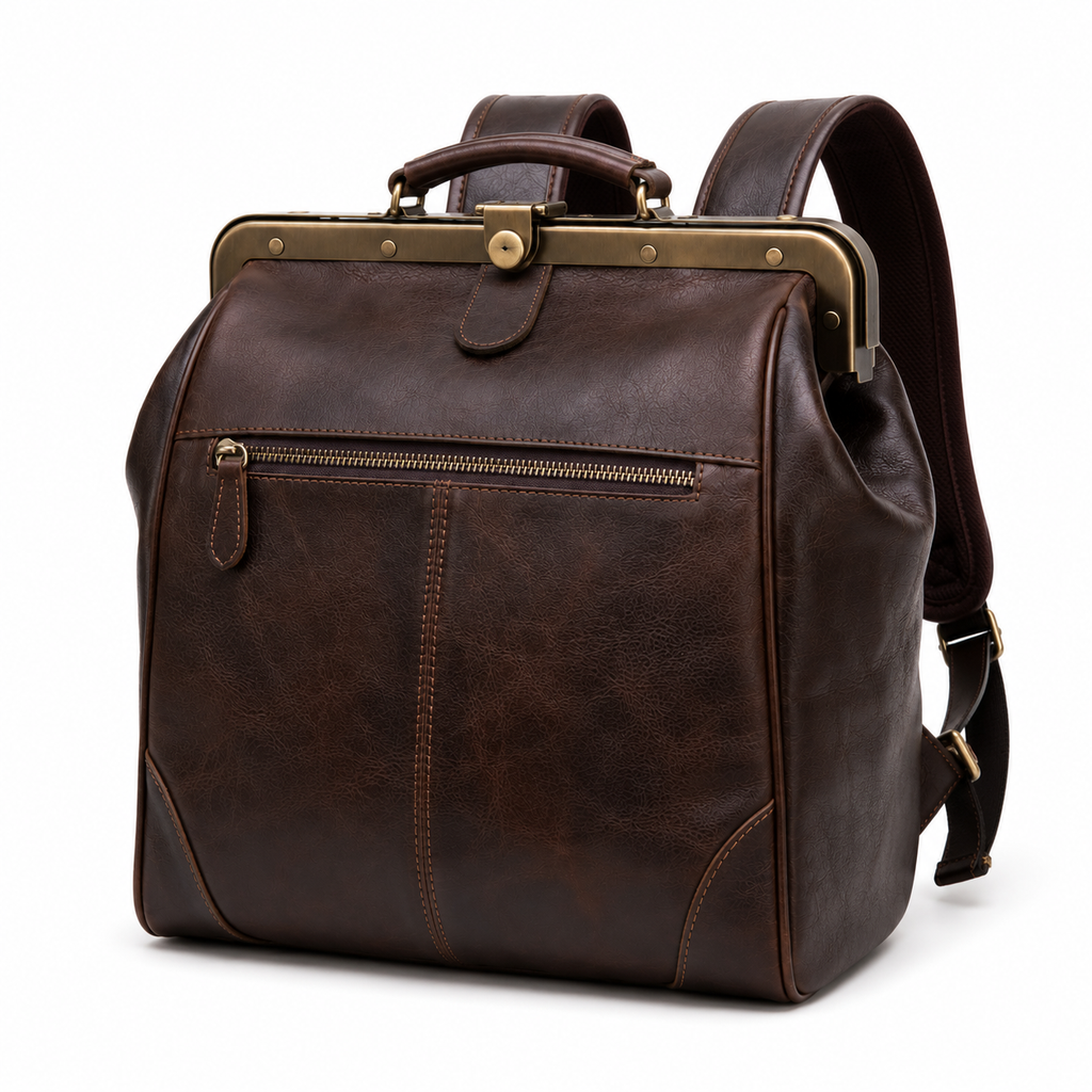 Side view of vintage backpack showing adjustable straps.