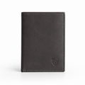 Front view of charcoal leather passport holder with embossed logo.