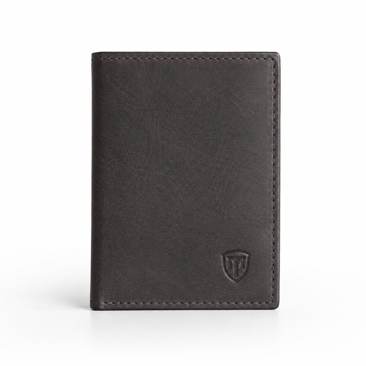 Front view of charcoal leather passport holder with embossed logo.