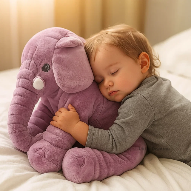 Soft elephant teddy bear alternative displayed with baby