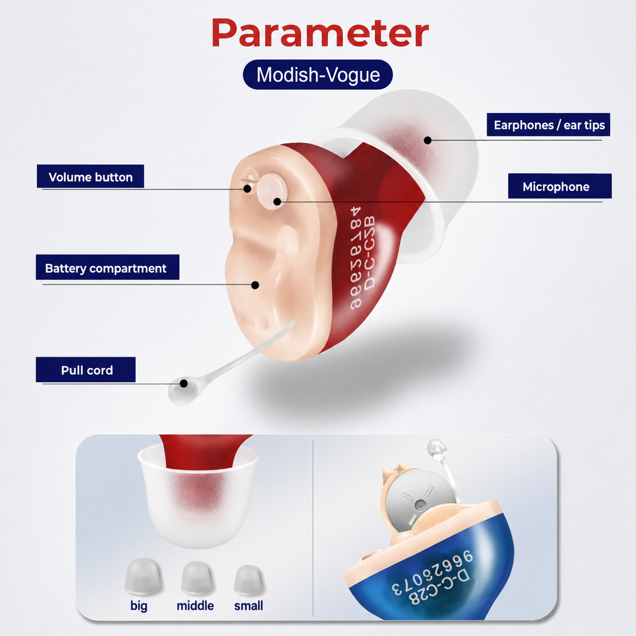 ClearPro hearing amplifier with multiple ear tip sizes
