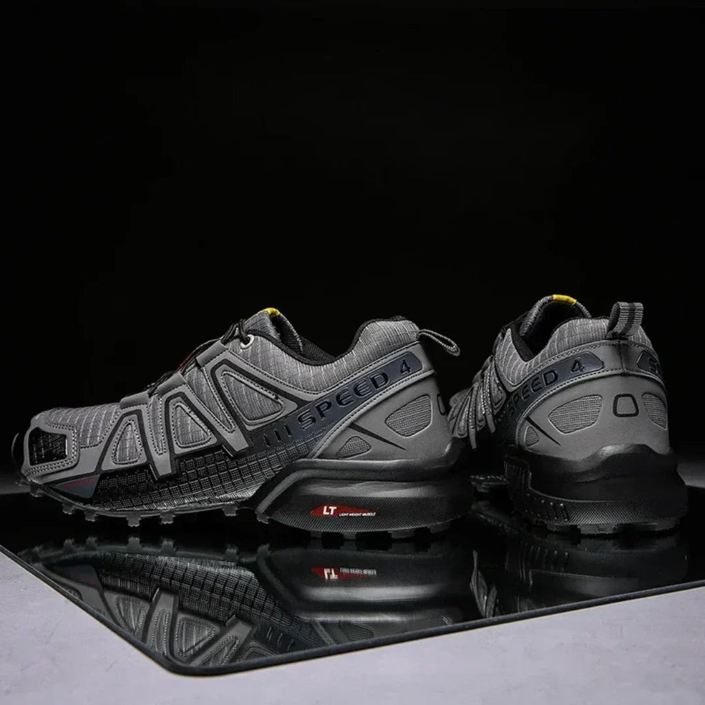 SpeedCross IV trainers on muddy trail demonstrating superior grip performance.