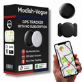 GPS vehicle tracker with no subscription shown next to smartphone displaying Find My app interface
