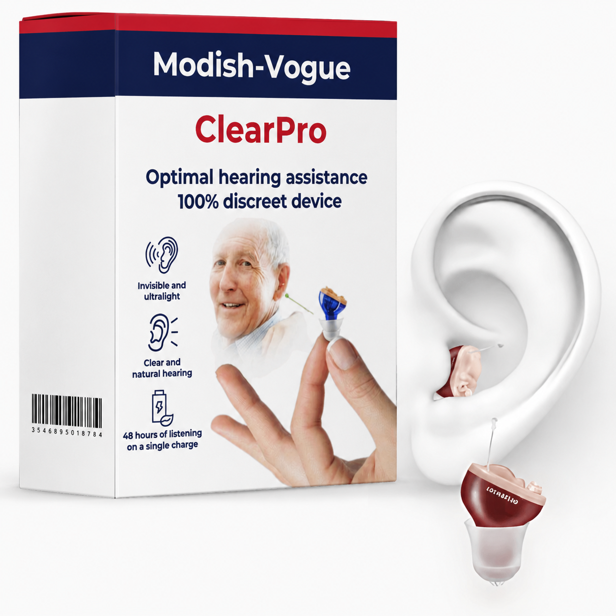 ClearPro invisible hearing aid discreetly worn in ear for natural hearing enhancement