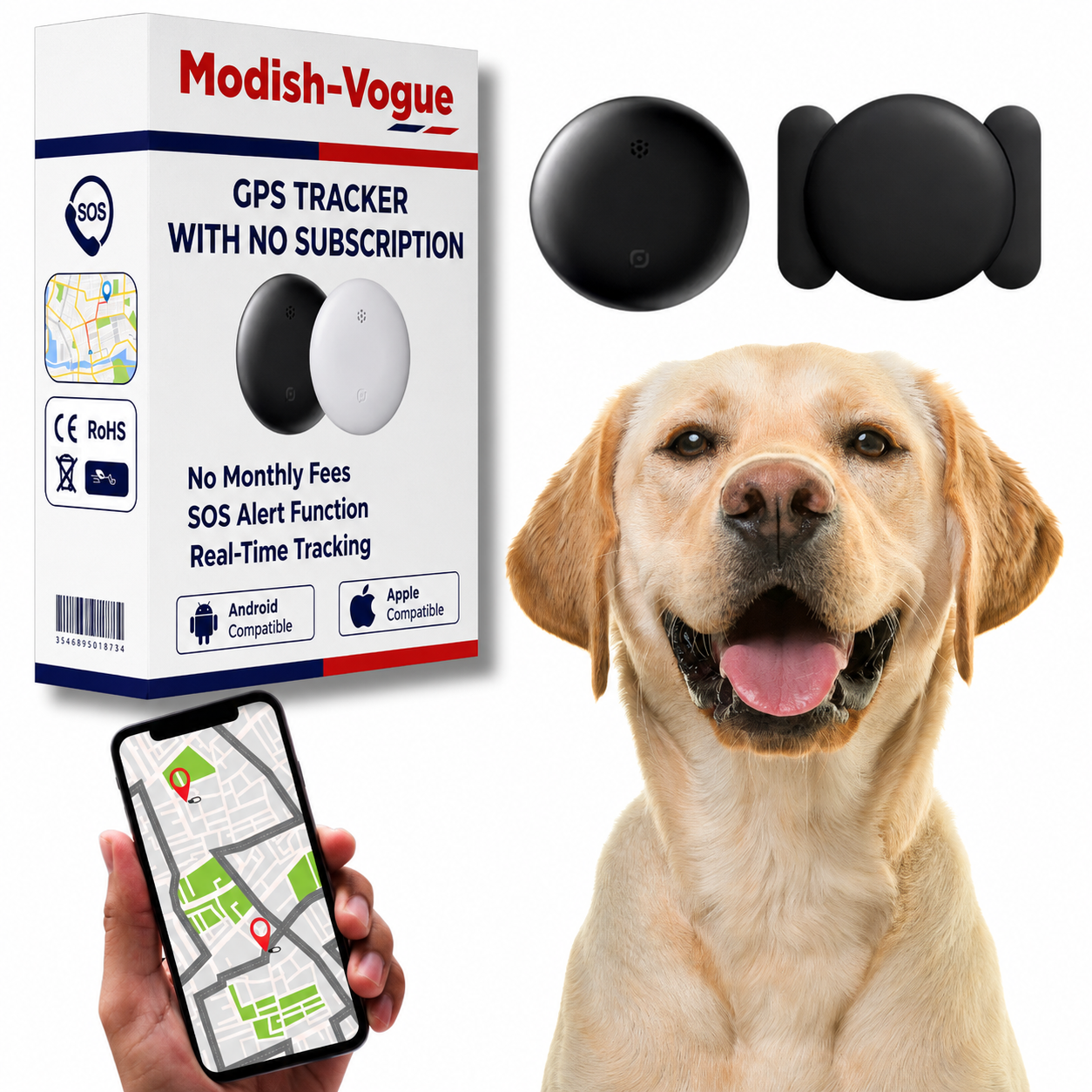 Discreet GPS dog tracker compatible with Apple and Android Find My networks, shown attached to a pet collar.