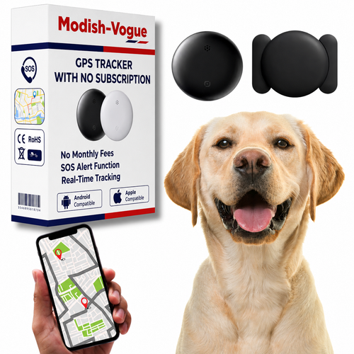 Discreet GPS dog tracker compatible with Apple and Android Find My networks, shown attached to a pet collar.