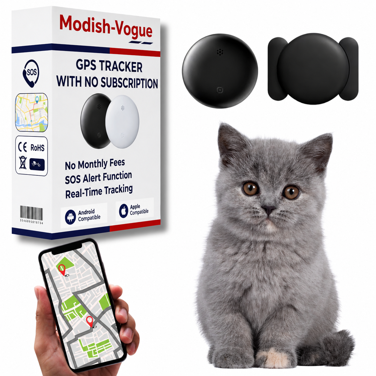 Discreet GPS cat tracker attached to a pet collar, showing compact design and secure fit.