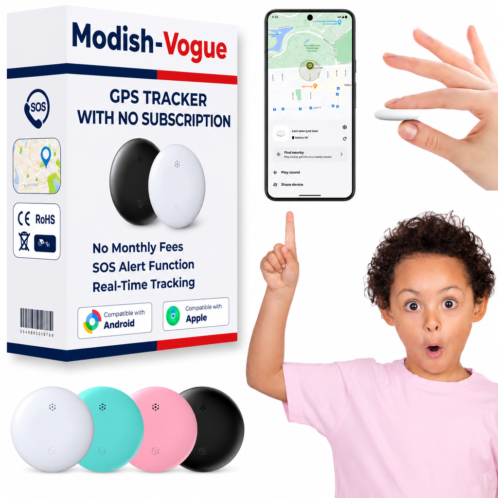 GPS tracker for children showing compact white device with child's rucksack in background