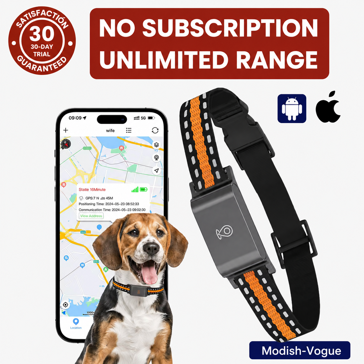GPS dog collar with real-time tracking device attached, showing adjustable strap and compact tracker unit