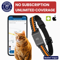 GPS collar for dogs and cats showing real-time tracking on smartphone with unlimited coverage