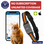 GPS collar for dogs and cats showing real-time tracking on smartphone with unlimited coverage