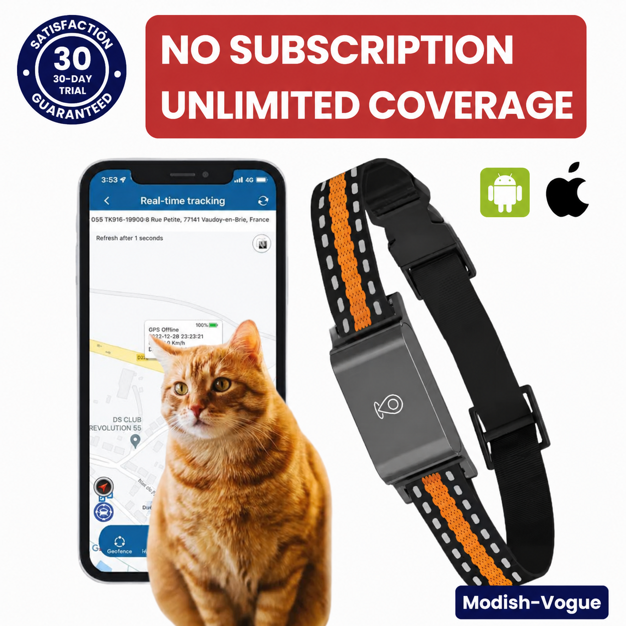 GPS collar for dogs and cats showing real-time tracking on smartphone with unlimited coverage