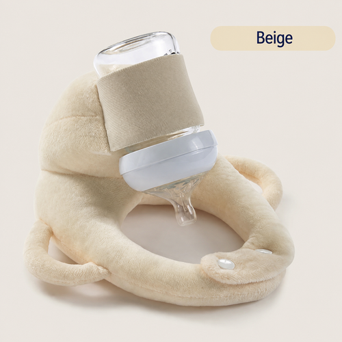 Baby Bottle Holder Pillow in beige velvet supporting infant during feeding