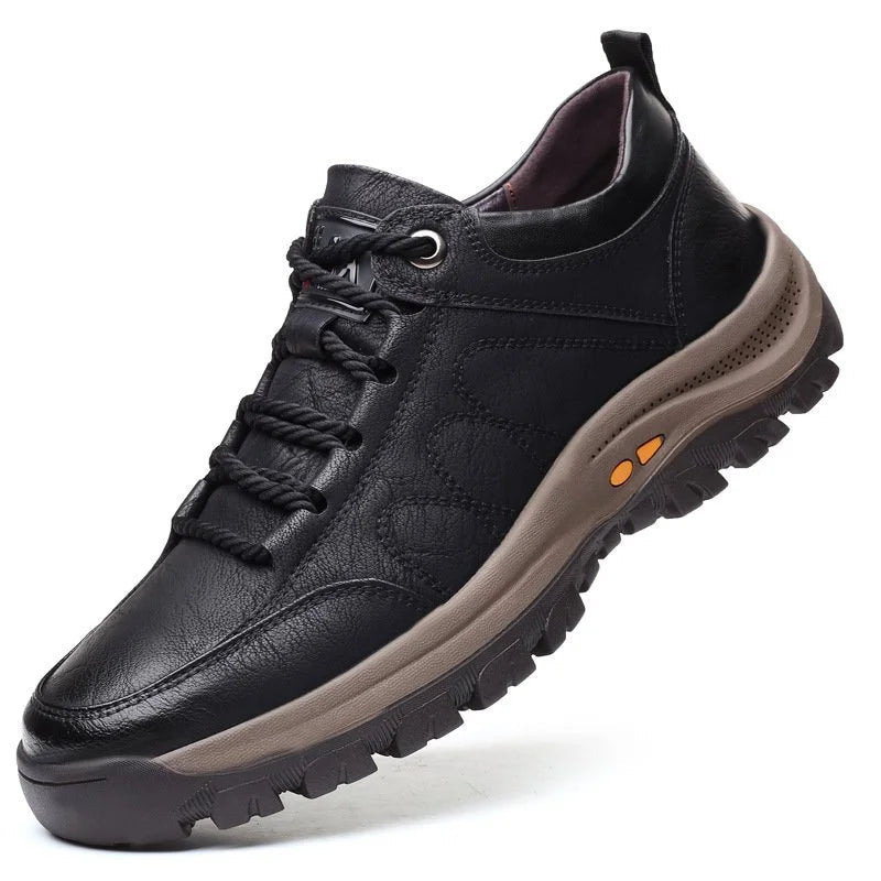 Men's orthopaedic leather boots in black and brown, showing premium cowhide construction