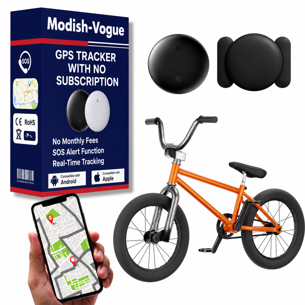 GPS tracker for bicycle showing compact design and compatibility with Apple Find My and Google Find My Device apps