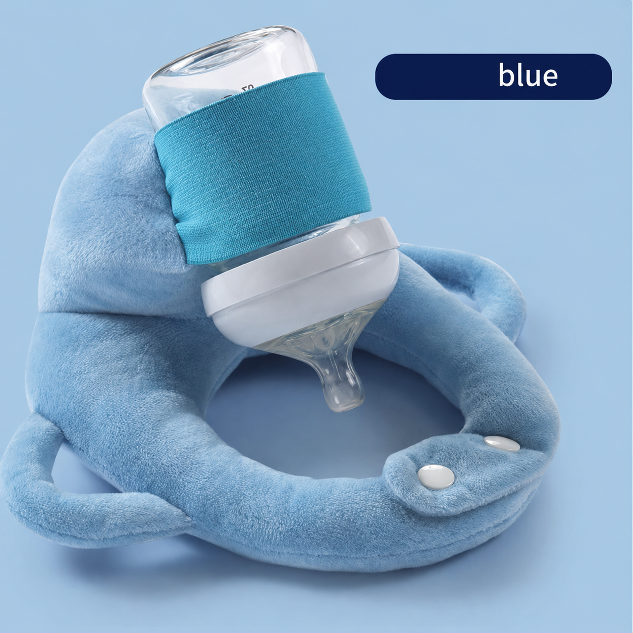 Close-up of Baby Bottle Holder Pillow showing integrated bottle straps and ergonomic design