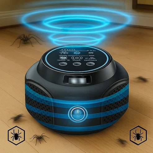 Close-up of ultrasonic spider repeller showing compact design and indicator light