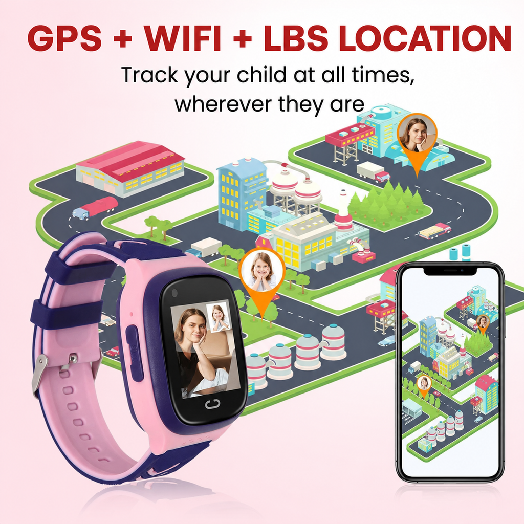 Children's smart watch showing real-time GPS tracking and security features