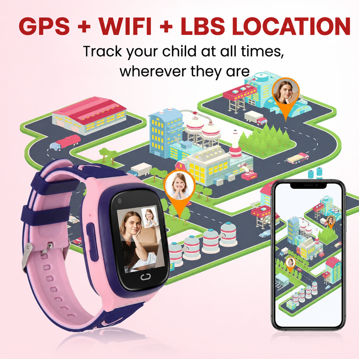 Children's smart watch showing real-time GPS tracking and security features