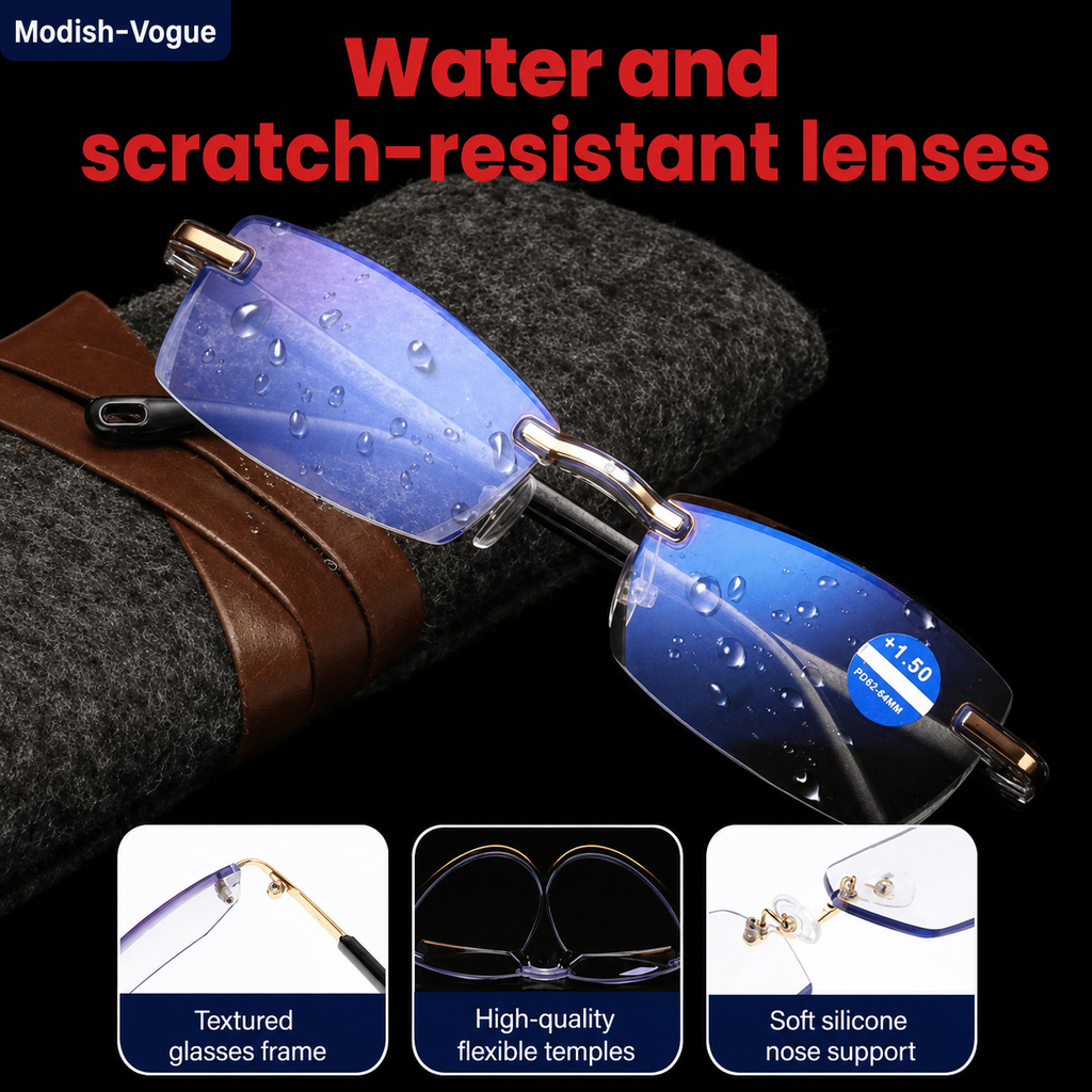 Person wearing smart anti-glare glasses for reading, driving and everyday tasks
