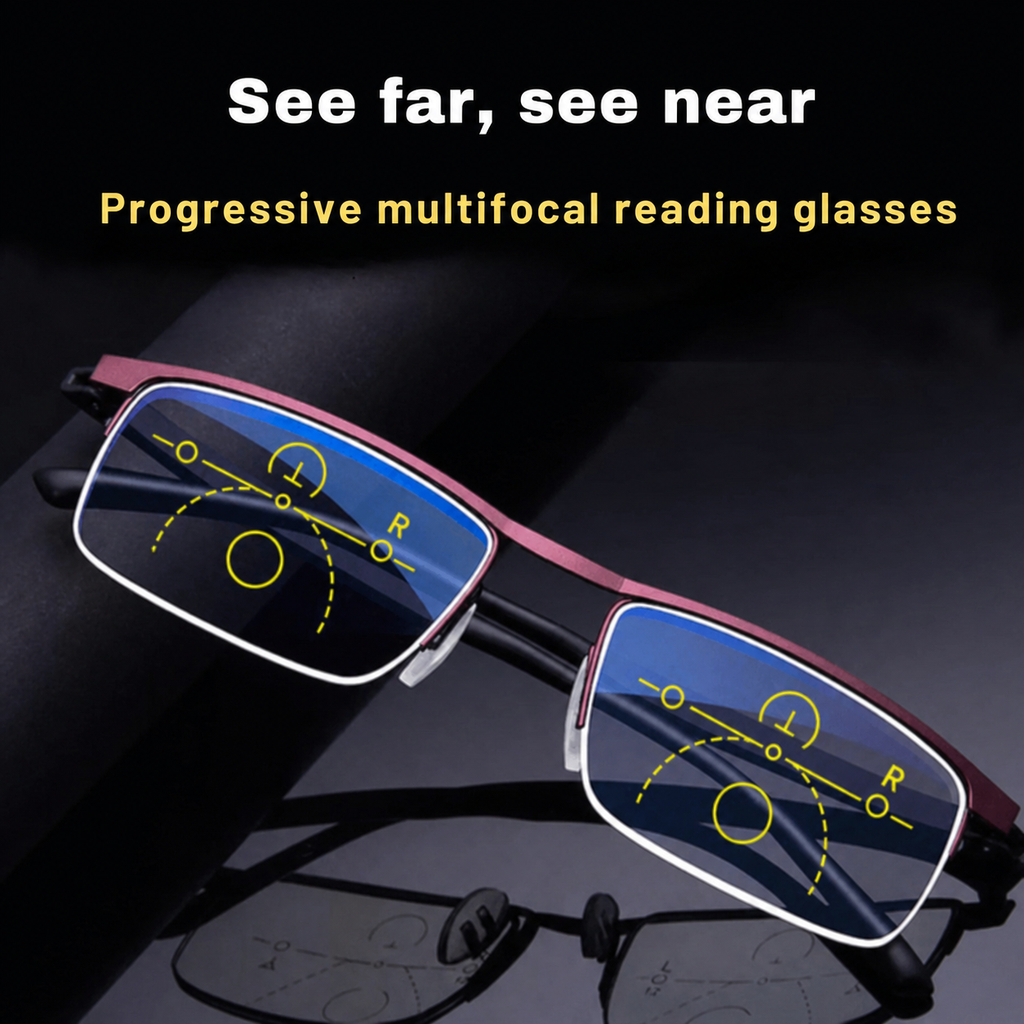 German Smart Progressive Glasses adapting from clear to tinted lenses in changing light conditions.