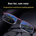 German Smart Progressive Glasses adapting from clear to tinted lenses in changing light conditions.