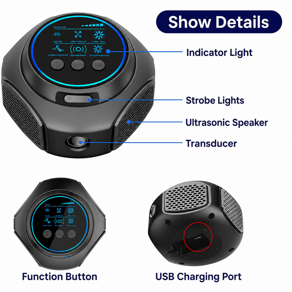 Ultrasonic spider repeller in white colour on wooden surface