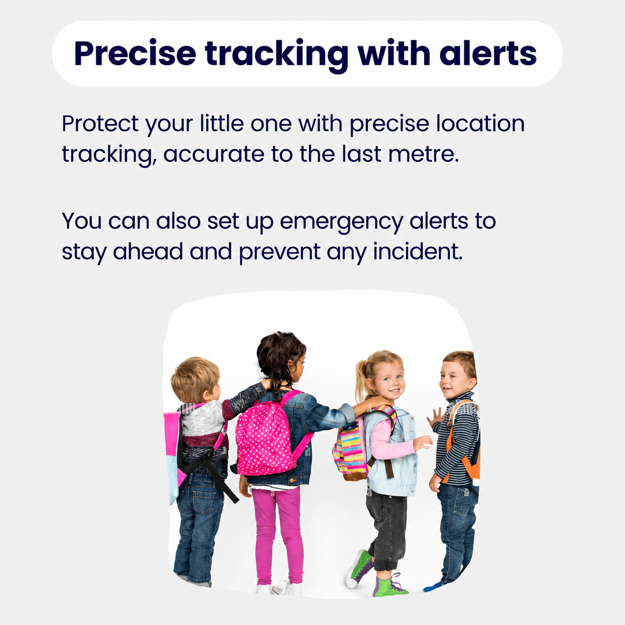 Lightweight GPS tracker for children attached to school bag with safety zone alert on parent's phone
