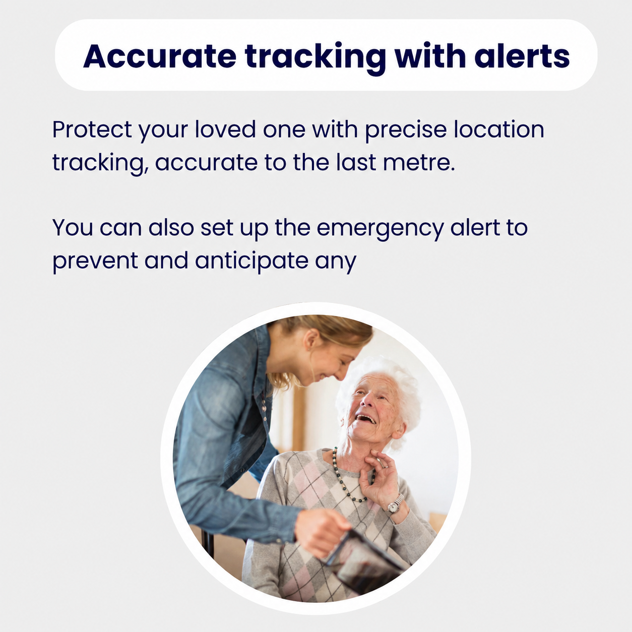 GPS tracker for elderly demonstrating key features including unlimited location tracking and customisable safety zones