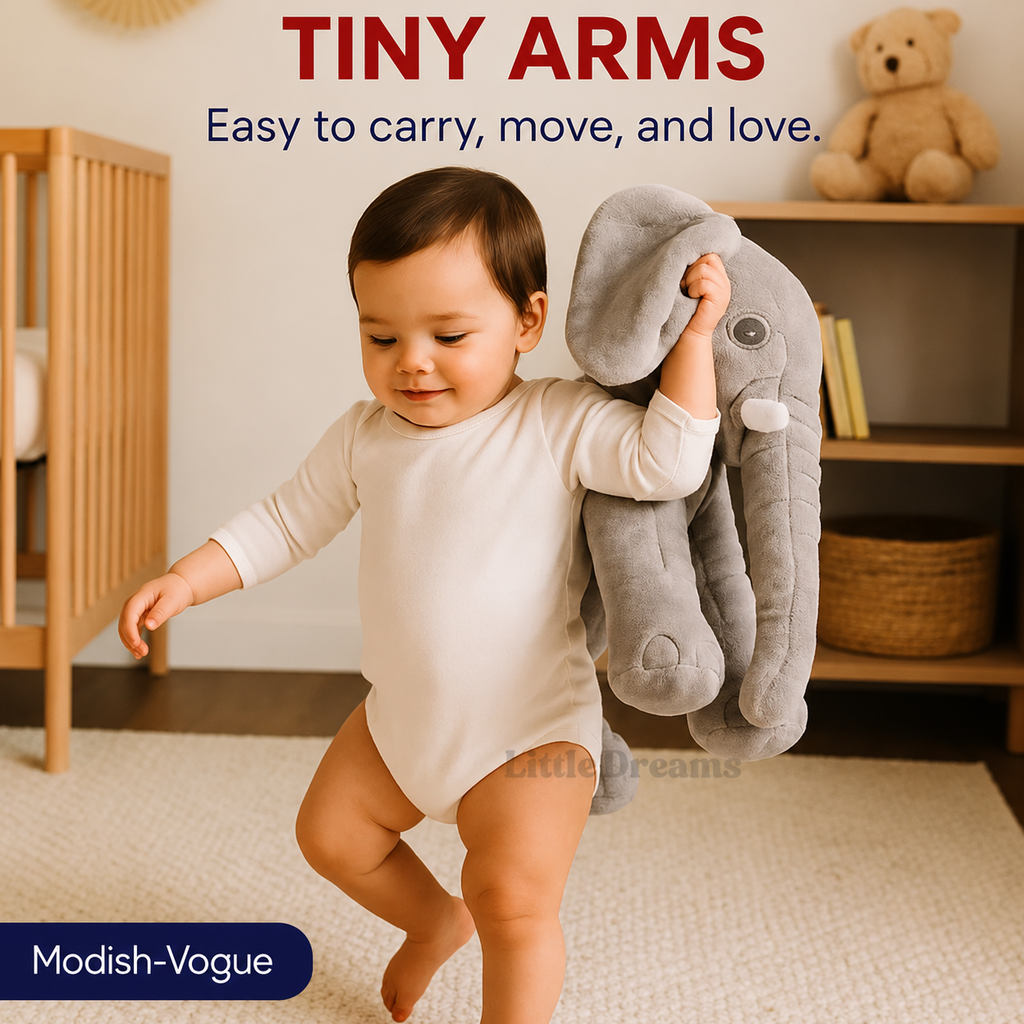Large elephant plush pillow shown in nursery setting with child