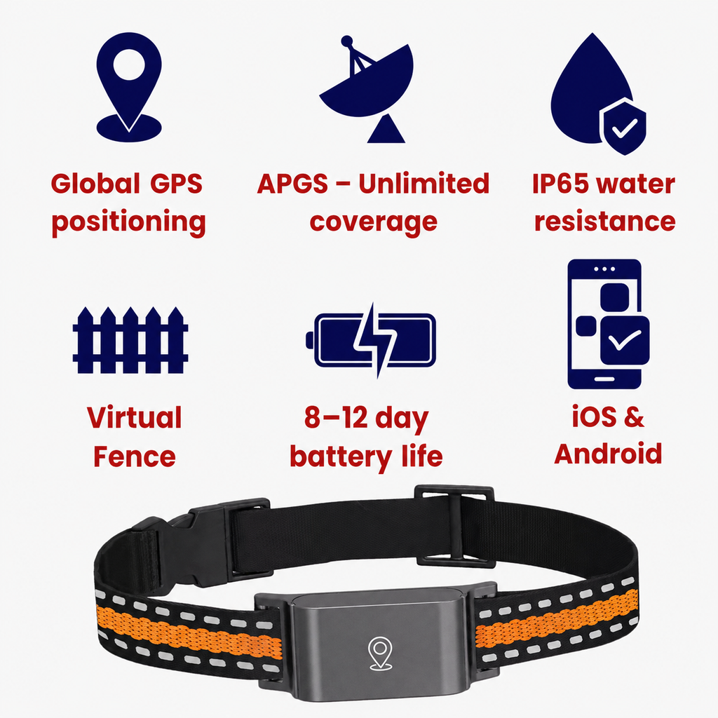 Free iOS and Android app interface showing live pet tracking, virtual fence alerts and route history