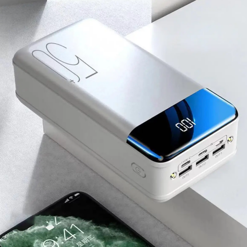 Compact portable design of TitanCharge 100,000mAh power bank being carried in a rucksack