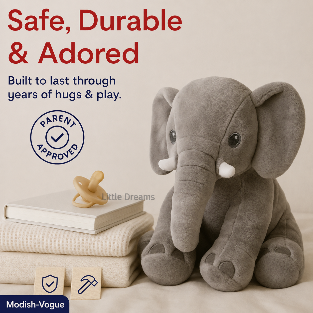 Close-up of soft fluffy elephant pillow texture and stitching detail