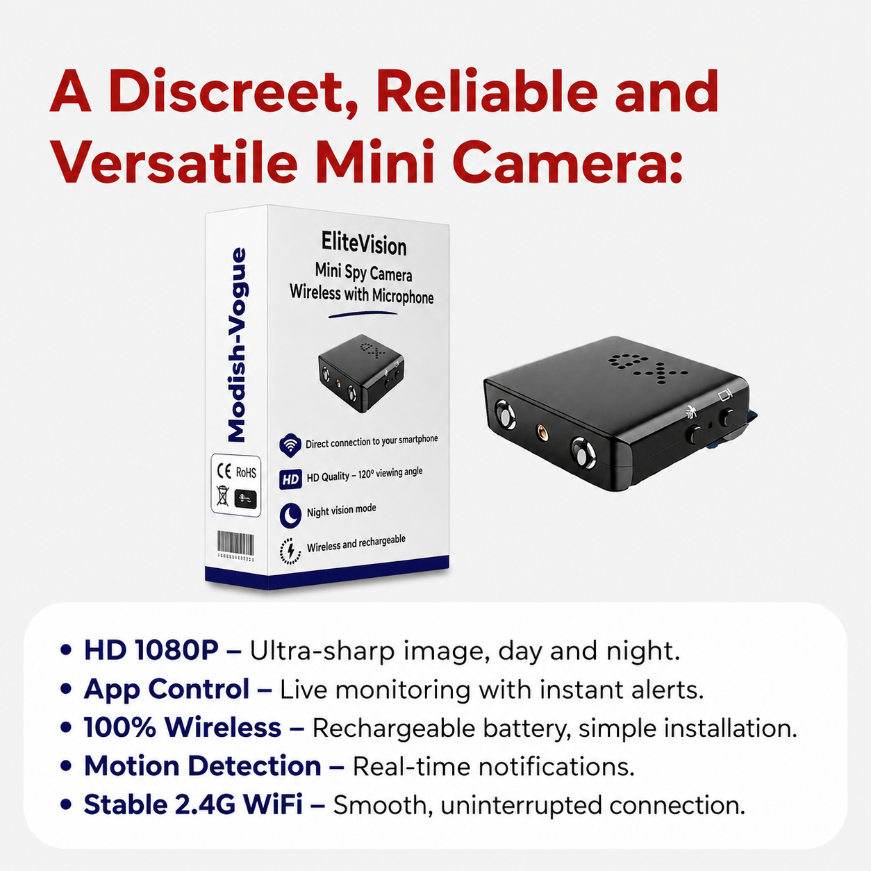 EliteVision mini spy camera premium quality features with water-resistant design for indoor and outdoor use.