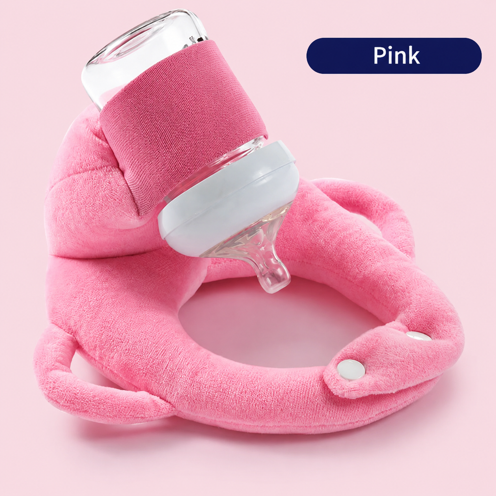 Baby Bottle Holder Pillow in blue velvet with adjustable bottle strap