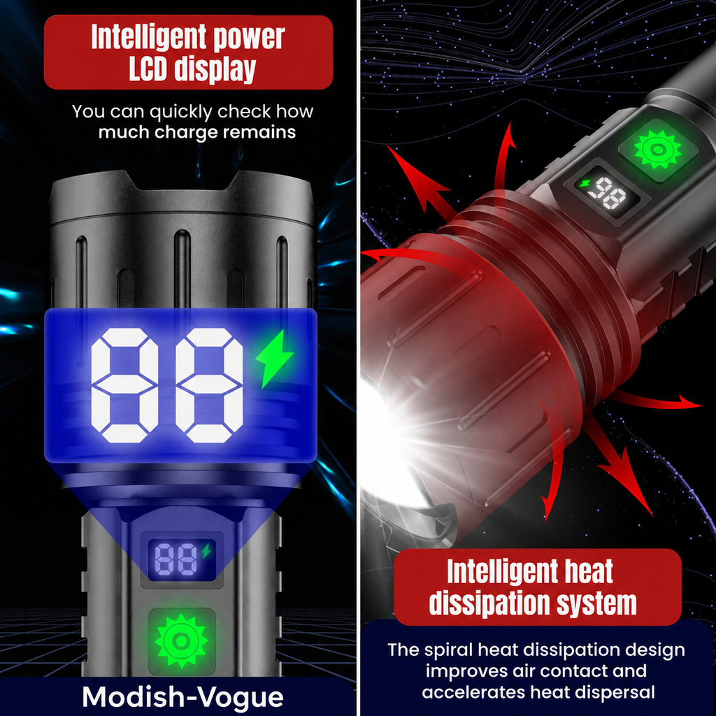 Complete package contents including torch, battery, accessories and carry pouch