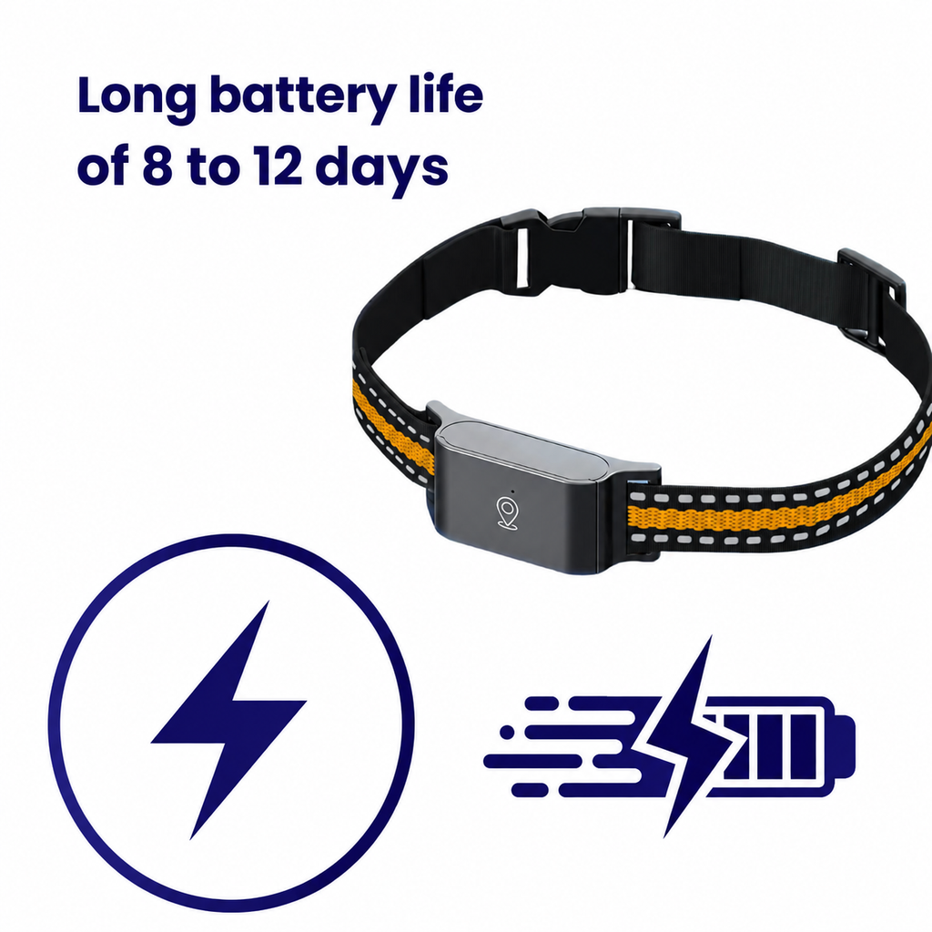 Technical specifications of GPS pet collar showing battery, accuracy and compatibility details