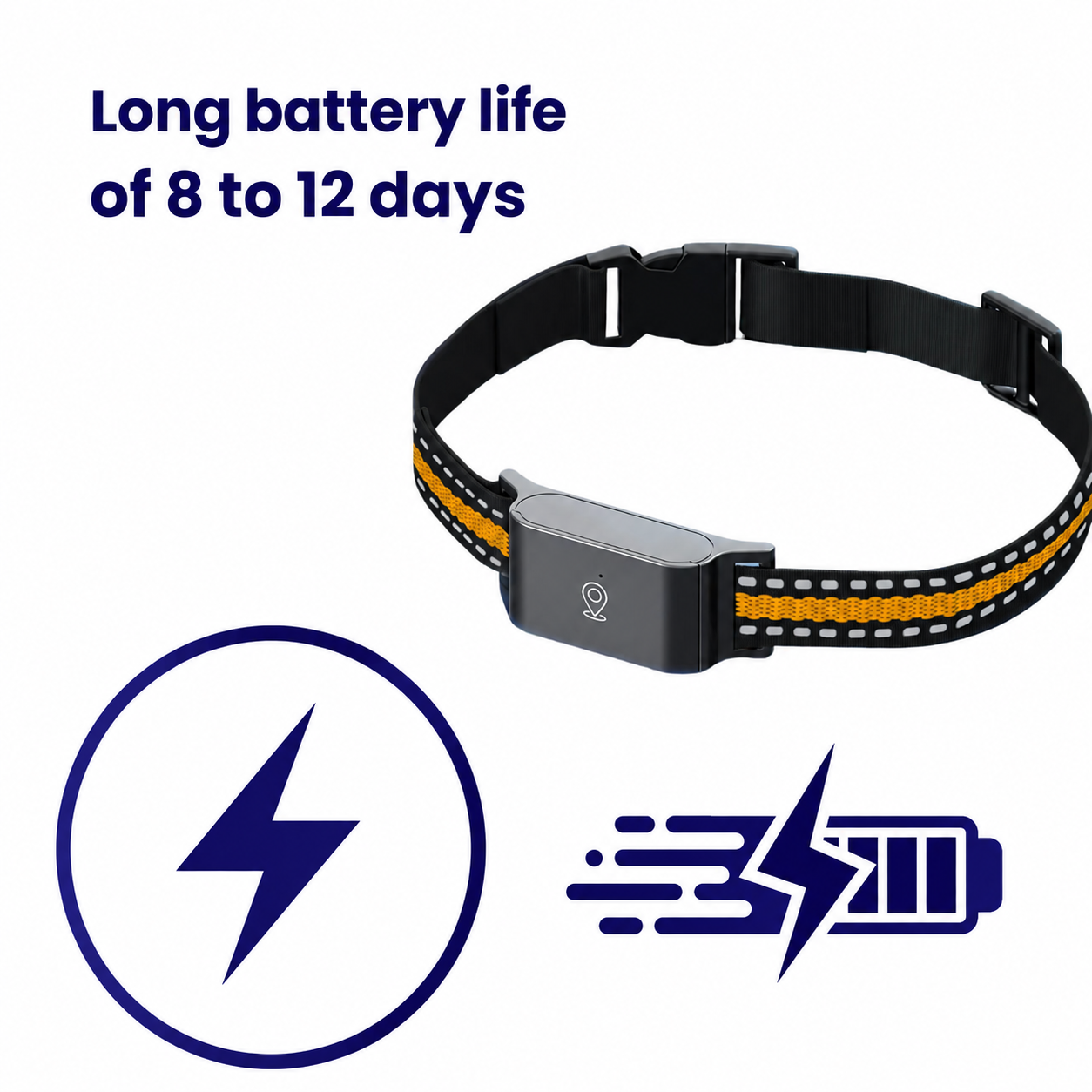 Technical specifications of GPS pet collar showing battery, accuracy and compatibility details